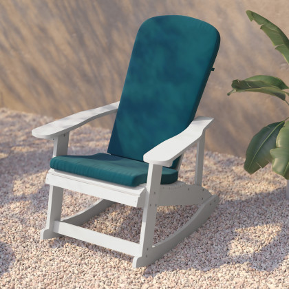 BLNK Savannah Poly Resin Wood All-Weather Adirondack Rocking Chairs with Teal Cushions for Deck, Porch, and Patio Set of 2 - White
