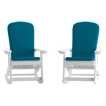 BLNK Savannah Poly Resin Wood All-Weather Adirondack Rocking Chairs with Teal Cushions for Deck, Porch, and Patio Set of 2 - White