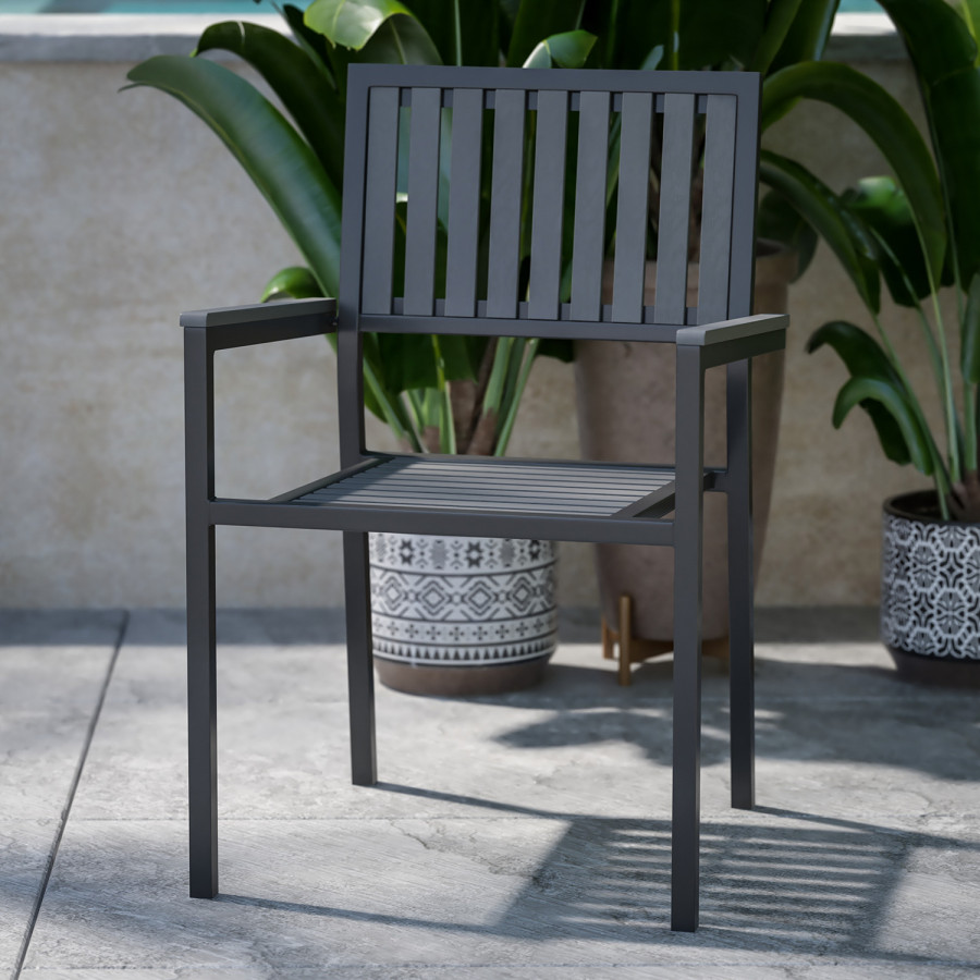 BLNK - Harris Commercial Indoor-Outdoor Stacking Club Chairs with Black Poly Resin Slatted Backs and Seats Set of 2