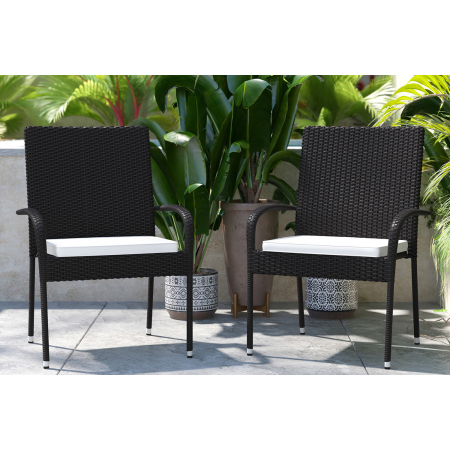 BLNK Maxim Stackable Indoor-Outdoor Wicker Dining Chairs with Cream Seat Cushions Set of 2 - Black