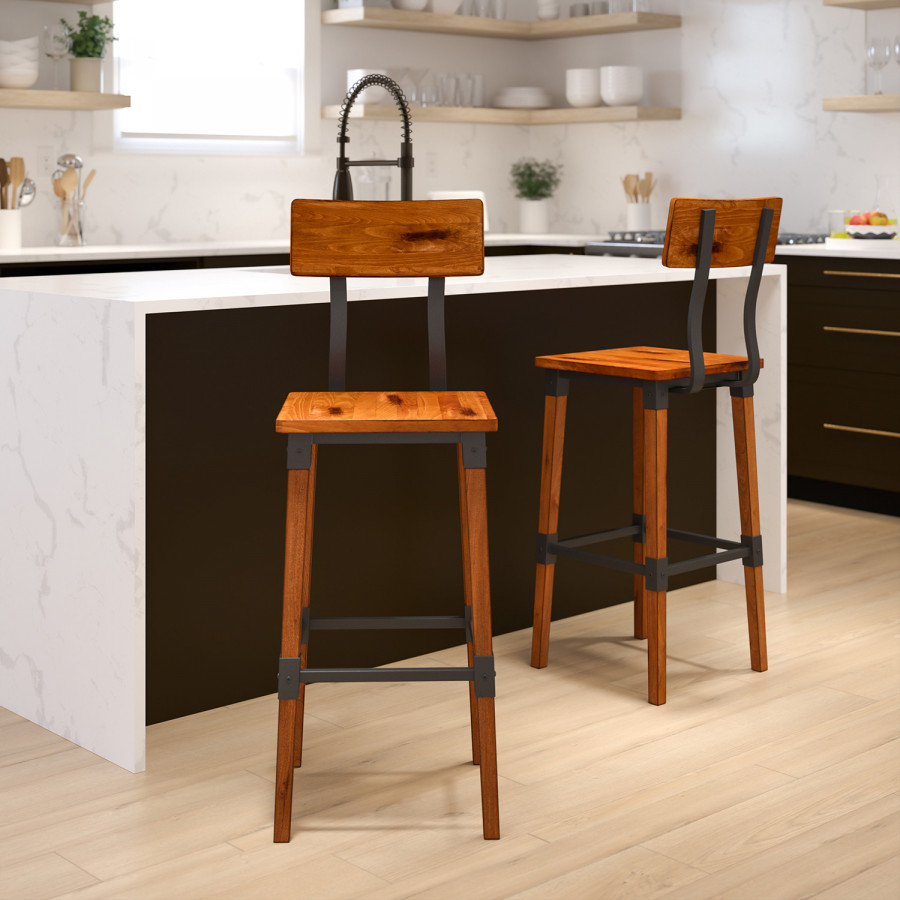 BLNK - Jackson Rustic Antique Walnut Industrial Wood Dining Bar Stool 2 Pack