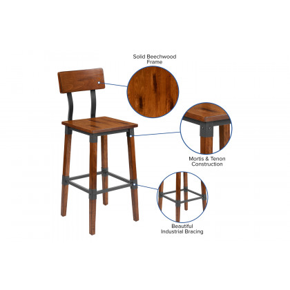 BLNK - Jackson Rustic Antique Walnut Industrial Wood Dining Bar Stool 2 Pack