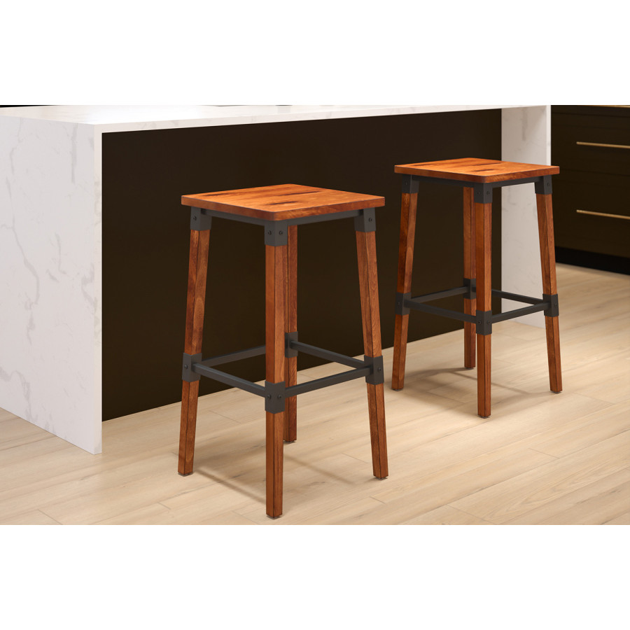 BLNK - Jackson Wood Rustic Antique Walnut Industrial Dining Backless Bar Stool 2 Pack