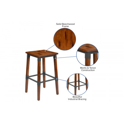 BLNK - Jackson Wood Rustic Antique Walnut Industrial Dining Backless Bar Stool 2 Pack
