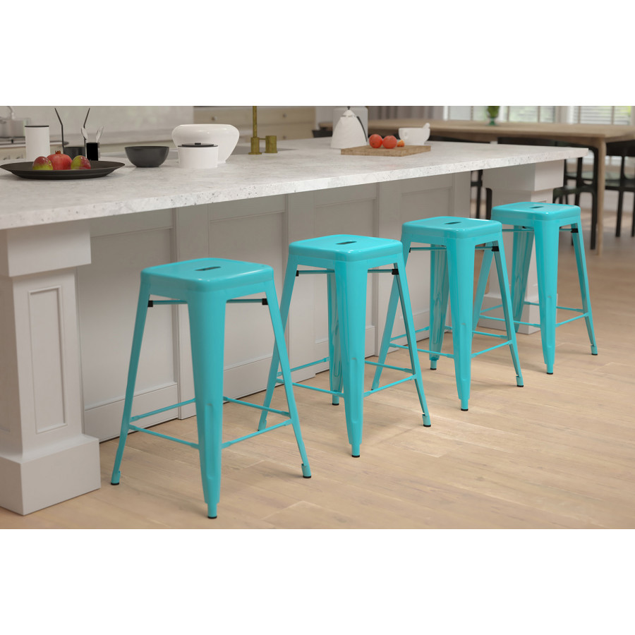 BLNK Cierra Metal Counter-Height Indoor Bar Stool Set of 4 - Teal
