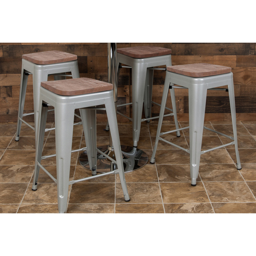 BLNK Cierra Metal Counter-Height Indoor Stackable Bar Stool with Wood Seat Set of 4 - Silver