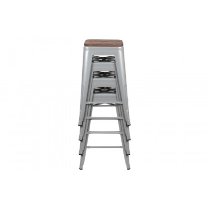 BLNK Cierra Metal Counter-Height Indoor Stackable Bar Stool with Wood Seat Set of 4 - Silver