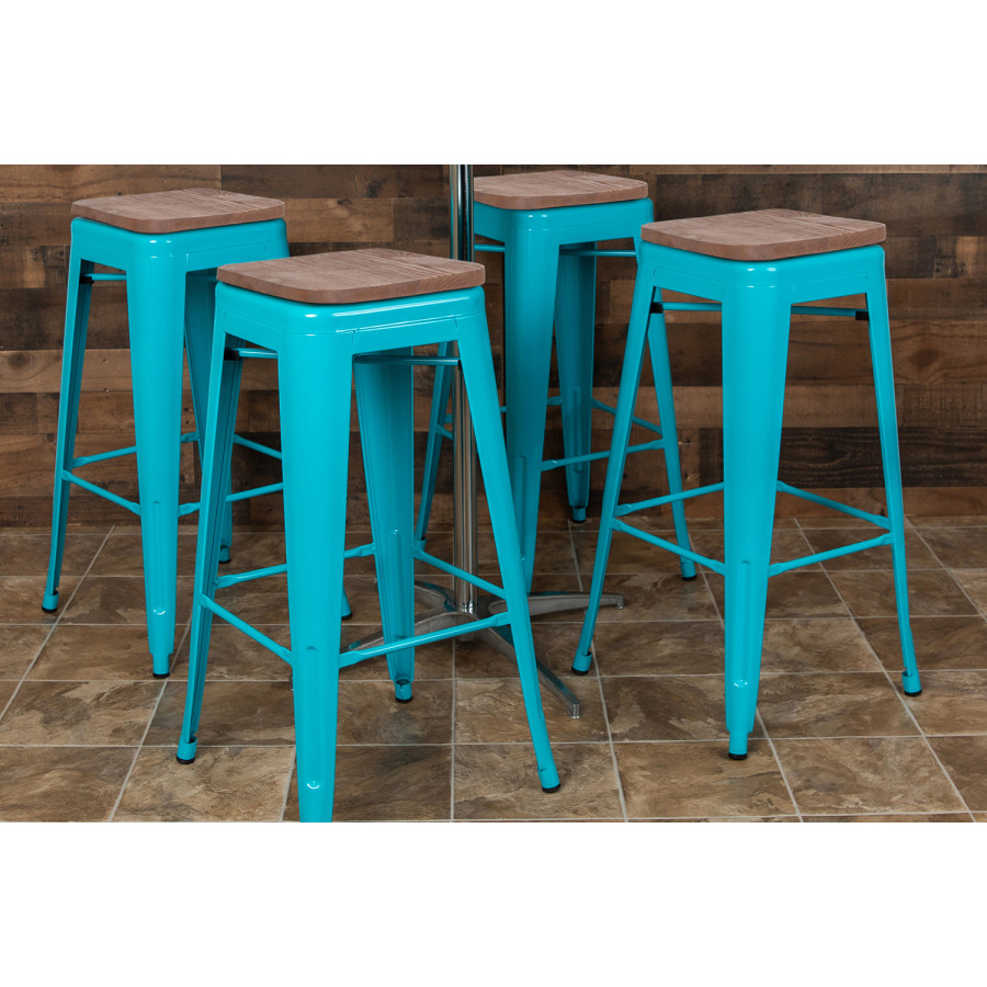 BLNK Cierra Metal Indoor Bar Stool with Wood Seat Set of 4 - Teal
