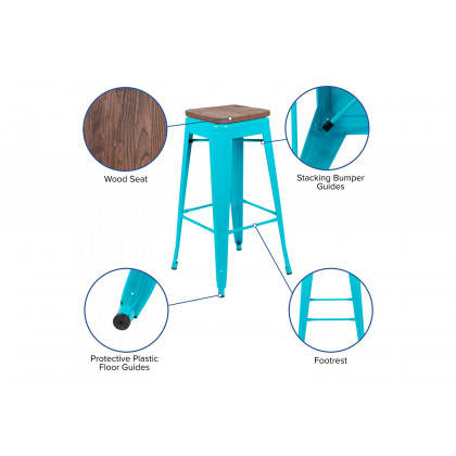 BLNK Cierra Metal Indoor Bar Stool with Wood Seat Set of 4 - Teal