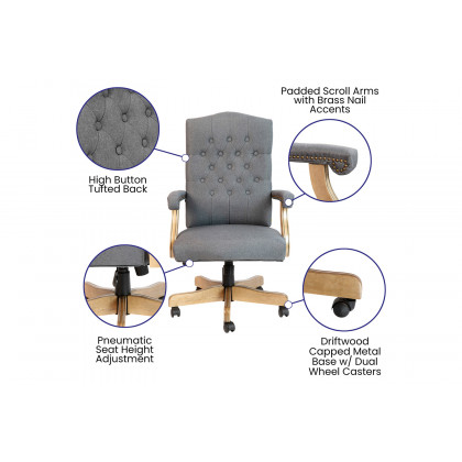 BLNK Derrick Classic Executive Swivel Office Chair with Driftwood Arms and Base - Gray