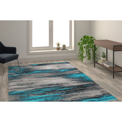 BLNK Rylan Collection Abstract Olefin Area Rug with Jute Backing - Turquoise, 6'W x 9'L