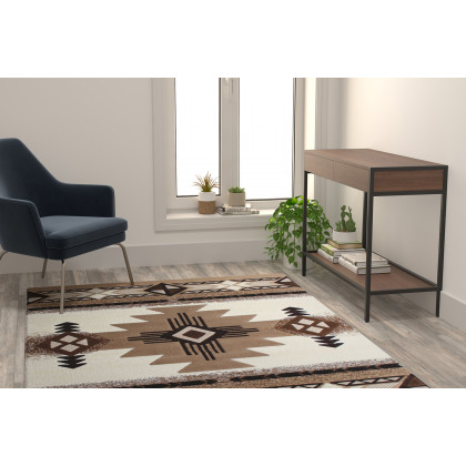 BLNK Mohave Collection Southwestern Style Olefin Traditional Area Rug with Jute Backing - Ivory, 5'W x 7'L