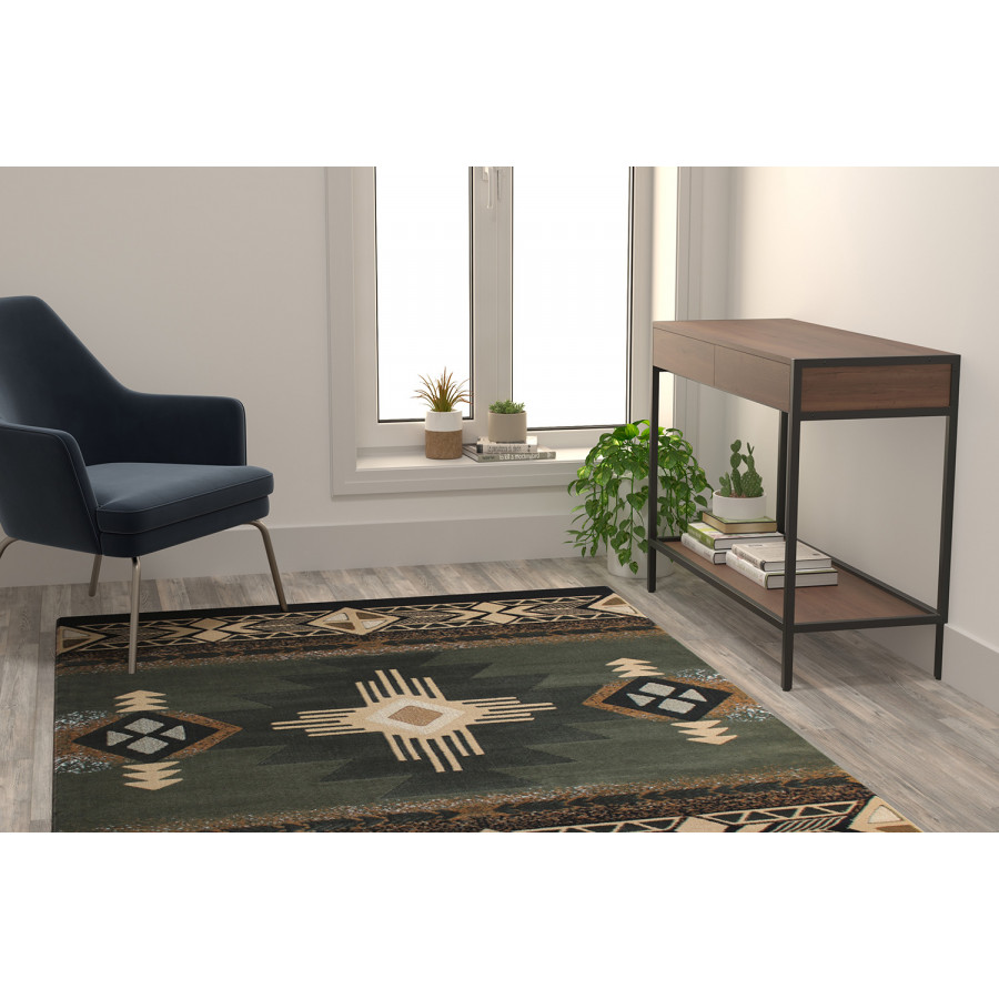 BLNK Mohave Collection Southwestern Style Olefin Traditional Area Rug with Jute Backing - Sage, 5'W x 7'L