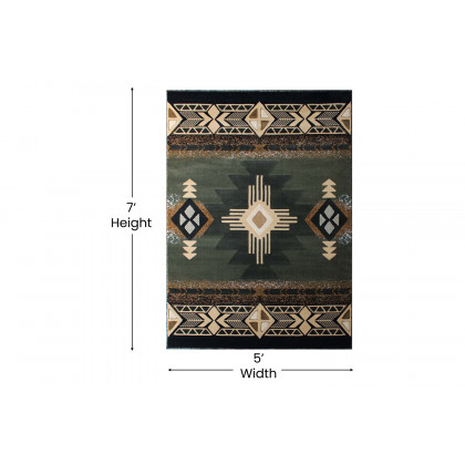 BLNK Mohave Collection Southwestern Style Olefin Traditional Area Rug with Jute Backing - Sage, 5'W x 7'L