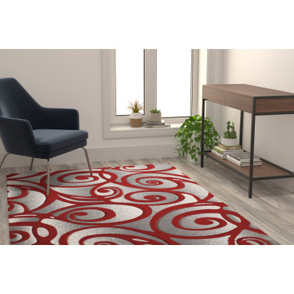 BLNK Willow Collection Modern Olefin High-Low Pile Swirled Area Rug - Red, 5'W x 7'L