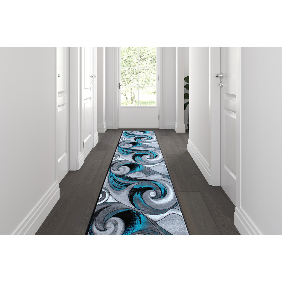 BLNK Tellus Collection Olefin Ocean Waves Pattern Area Rug with Jute Backing - Turquoise, 3'W x 10'L