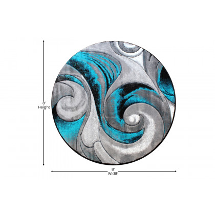 BLNK Tellus Collection Round Olefin Ocean Waves Pattern Area Rug with Jute Backing - Turquoise, 8'W x 8'L