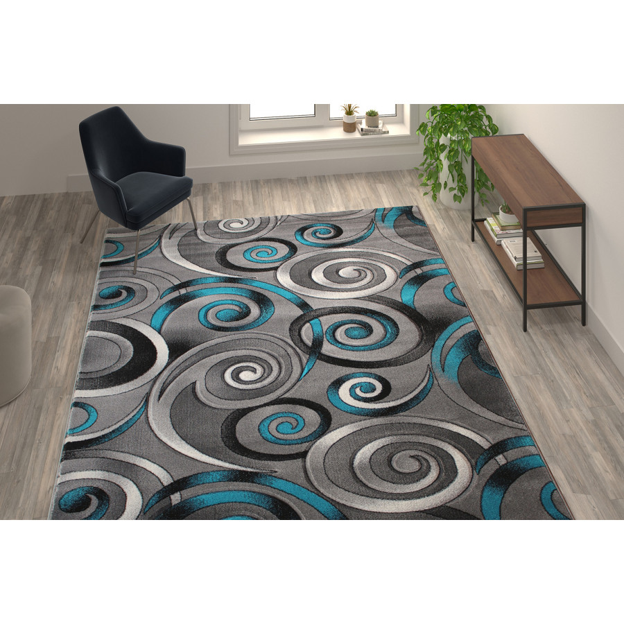 BLNK Masie Collection Olefin Swirl Area Rug with Jute Backing - Turquoise, 8'W x 10'L