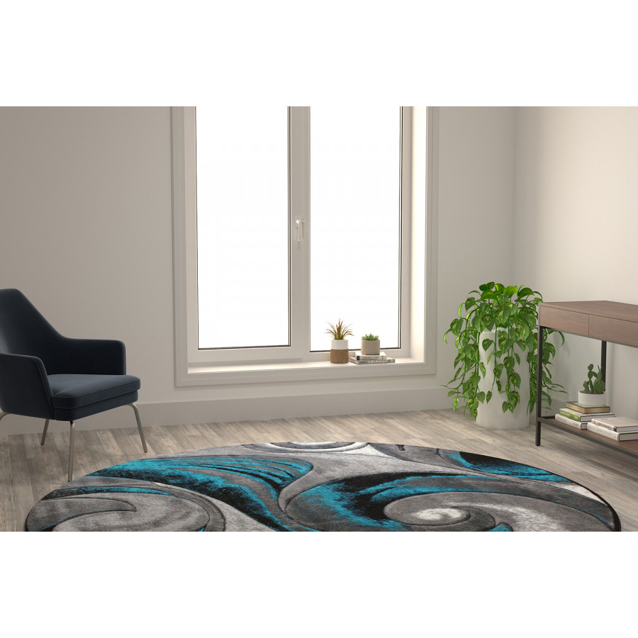 BLNK Masie Collection Round Olefin Swirl Area Rug with Jute Backing - Turquoise, 8'W x 8'L