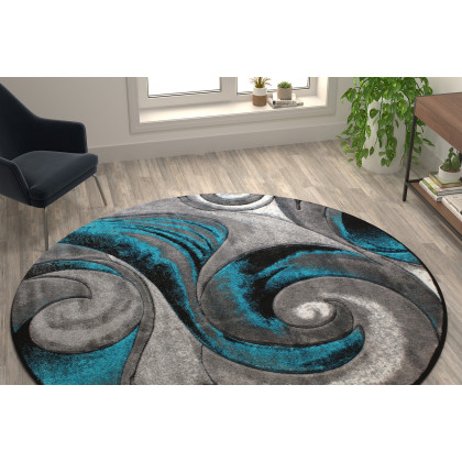 BLNK Masie Collection Round Olefin Swirl Area Rug with Jute Backing - Turquoise, 8'W x 8'L