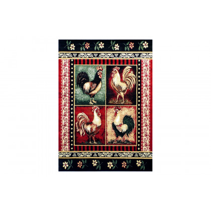 BLNK Gallus Collection Olefin Rooster Themed Area Rug with Jute Backing for Kitchen - Red, 4'W x 5'L