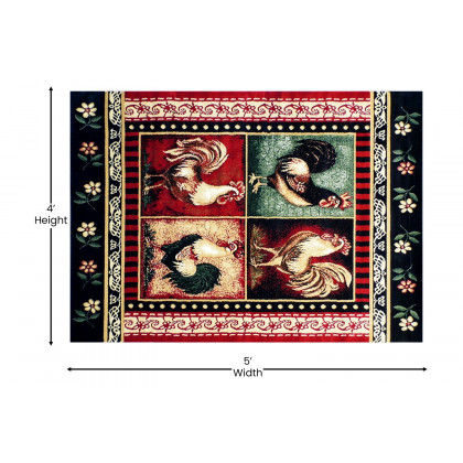 BLNK Gallus Collection Olefin Rooster Themed Area Rug with Jute Backing for Kitchen - Red, 4'W x 5'L