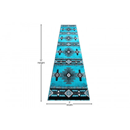 BLNK Mohave Collection Southwestern Style Olefin Traditional Area Rug with Jute Backing - Turquoise, 2'W x 11'L