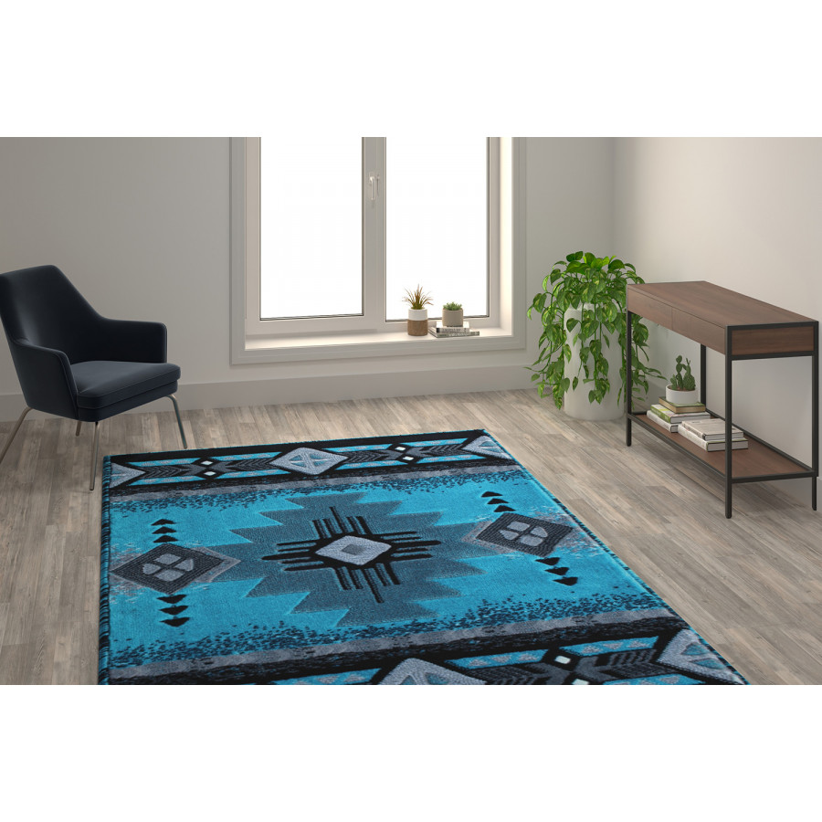 BLNK Mohave Collection Southwestern Style Olefin Traditional Area Rug with Jute Backing - Turquoise, 6'W x 9'L
