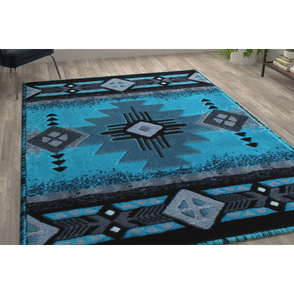BLNK Mohave Collection Southwestern Style Olefin Traditional Area Rug with Jute Backing - Turquoise, 6'W x 9'L