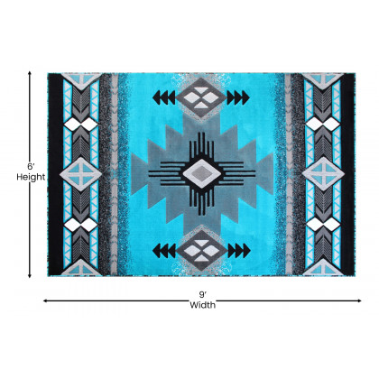 BLNK Mohave Collection Southwestern Style Olefin Traditional Area Rug with Jute Backing - Turquoise, 6'W x 9'L