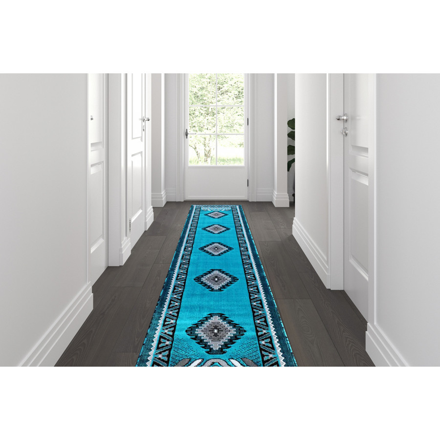 BLNK Ventana Collection Southwest Olefin Area Rug with Jute Backing - Turquoise, 2'W x 10'L