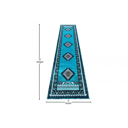 BLNK Ventana Collection Southwest Olefin Area Rug with Jute Backing - Turquoise, 2'W x 10'L