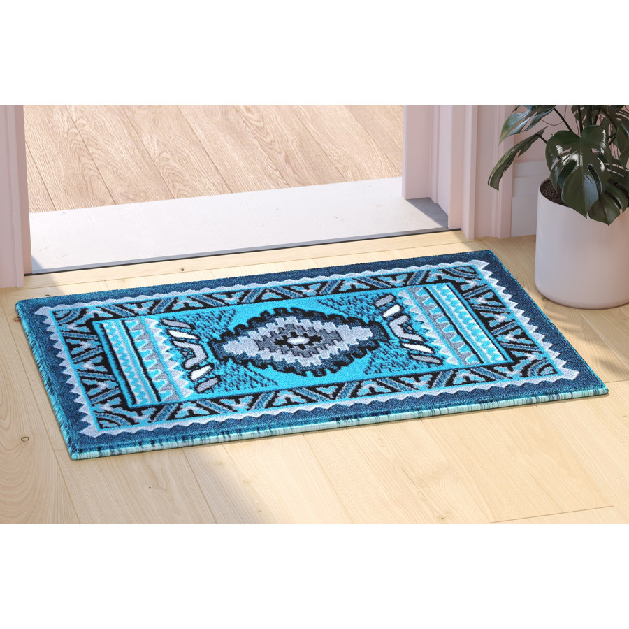 BLNK Ventana Collection Southwest Olefin Area Rug with Jute Backing - Turquoise, 2'W x 3'L