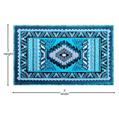 BLNK Ventana Collection Southwest Olefin Area Rug with Jute Backing - Turquoise, 2'W x 3'L