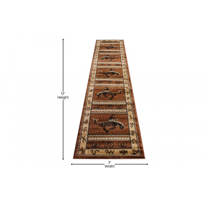 BLNK Hoytt Collection Brown Bucking Bronco Cowboy Area Rug with Jute Backing - 2'W x 11'L