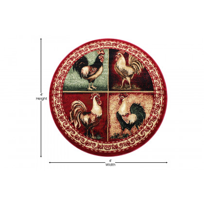 BLNK Gallus Collection Round Olefin Rooster Themed Area Rug with Jute Backing for Kitchen - Red, 4'W x 4'L