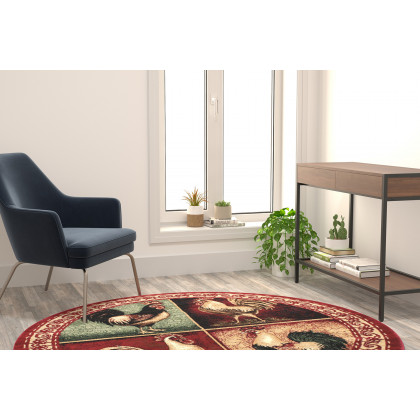 BLNK - Gallus Collection Round Olefin Rooster Themed Area Rug with Jute Backing for Kitchen