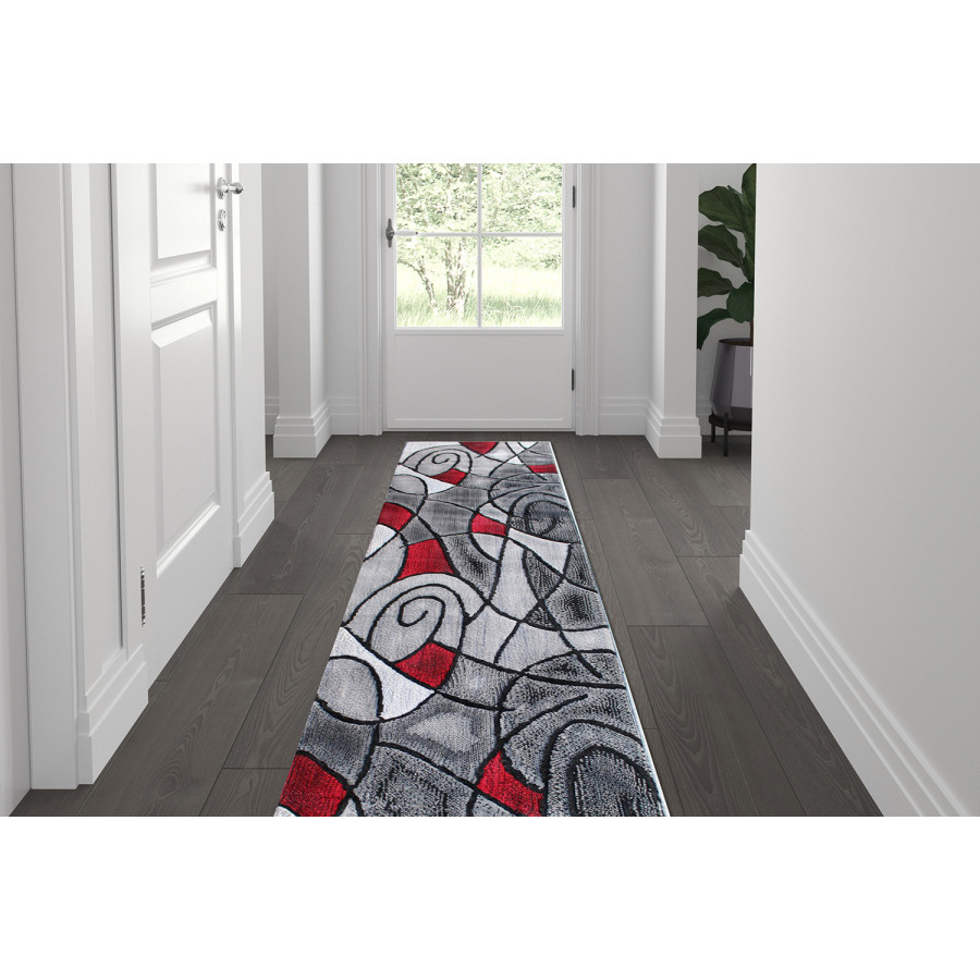 BLNK Jubilee Collection Abstract Olefin Area Rug with Jute Backing - Red, 2'W x 7'L