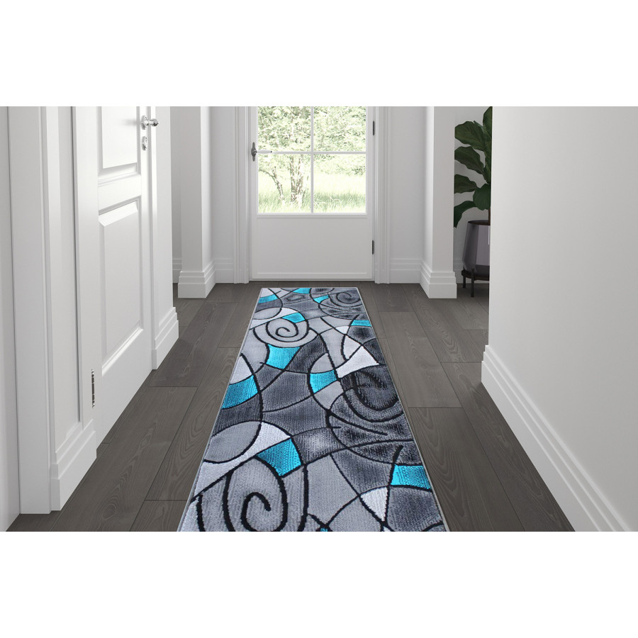 BLNK Jubilee Collection Abstract Olefin Area Rug with Jute Backing - Turquoise, 2'W x 7'L