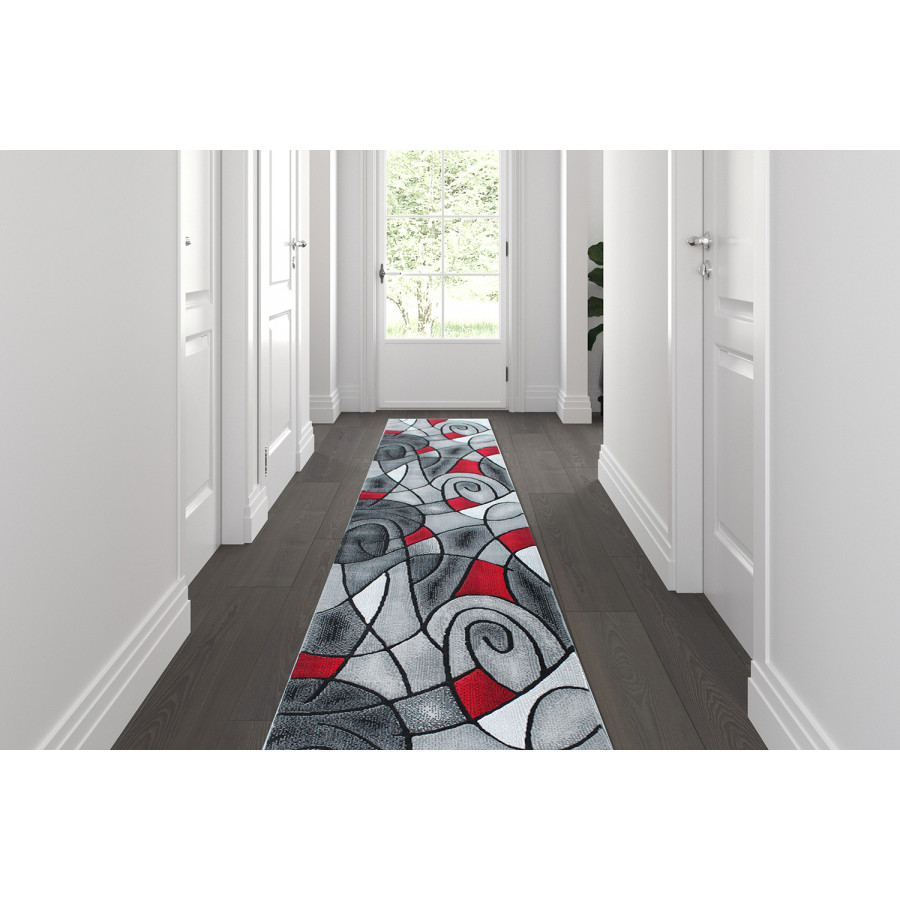 BLNK Jubilee Collection Abstract Olefin Area Rug with Jute Backing - Red, 3'W x 10'L