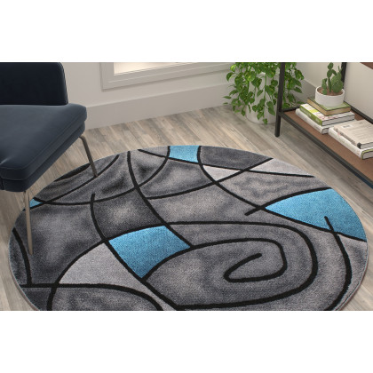 BLNK Jubilee Collection Style 1 Abstract Round Olefin Area Rug with Jute Backing - Blue, 5'W x 5'L