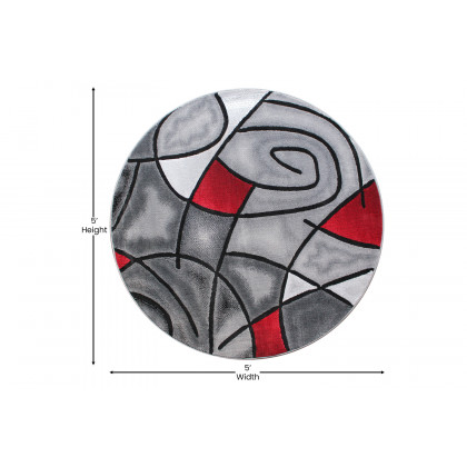 BLNK Jubilee Collection Style 1 Abstract Round Olefin Area Rug with Jute Backing - Red, 5'W x 5'L
