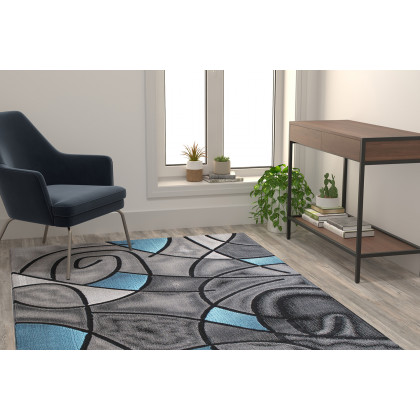 BLNK Jubilee Collection Abstract Olefin Area Rug with Jute Backing - Blue, 5'W x 7'L