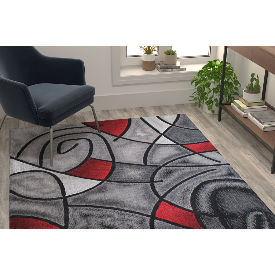 BLNK Jubilee Collection Abstract Olefin Area Rug with Jute Backing - Red, 5'W x 7'L