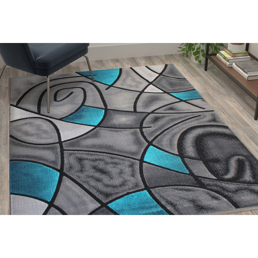 BLNK Jubilee Collection Abstract Olefin Area Rug with Jute Backing - Turquoise, 5'W x 7'L