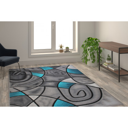 BLNK Jubilee Collection Abstract Olefin Area Rug with Jute Backing - Turquoise, 6'W x 9'L