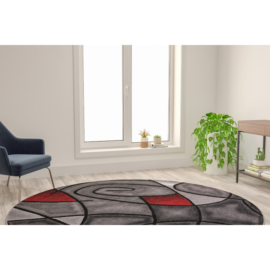 BLNK Jubilee Collection Style 1 Abstract Round Olefin Area Rug with Jute Backing - Red, 7'W x 7'L