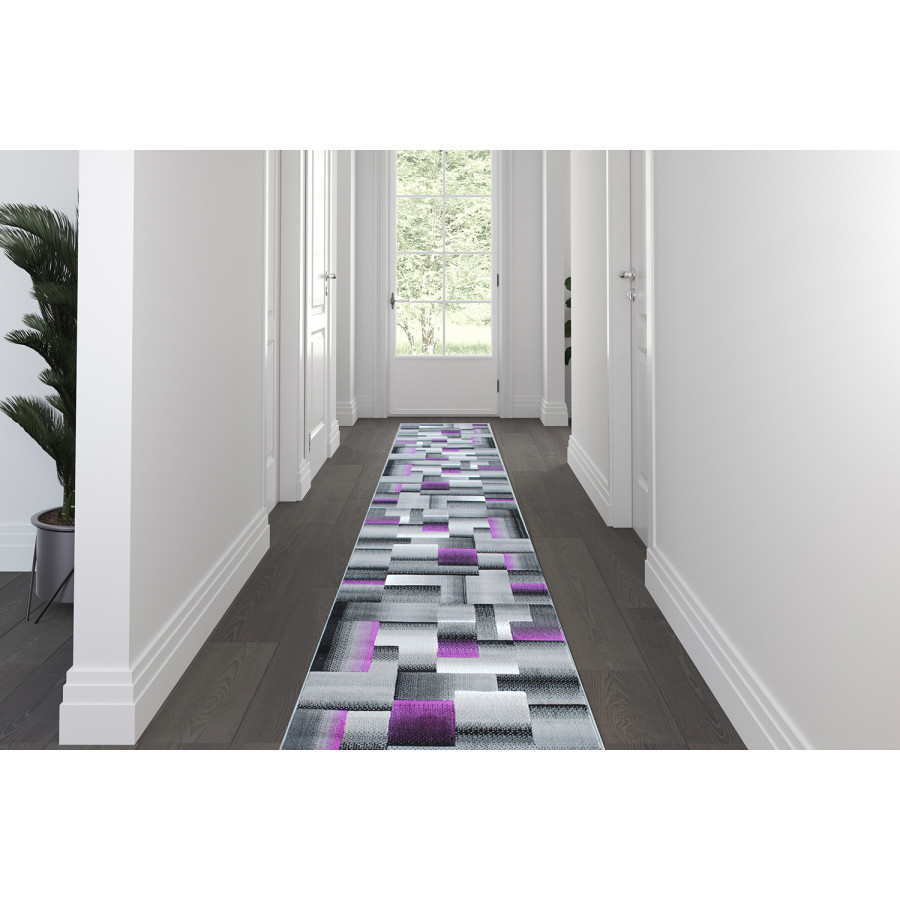 BLNK Elio Collection Olefin Color Blocked Area Rug with Jute Backing - Purple, 3'W x 16'L