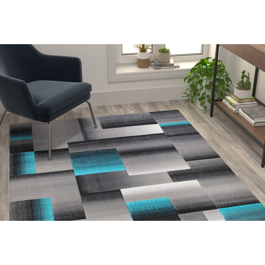 BLNK Elio Collection Olefin Color Blocked Area Rug with Jute Backing - Turquoise, 5'W x 7'L