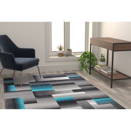 BLNK Elio Collection Olefin Color Blocked Area Rug with Jute Backing - Turquoise, 5'W x 7'L
